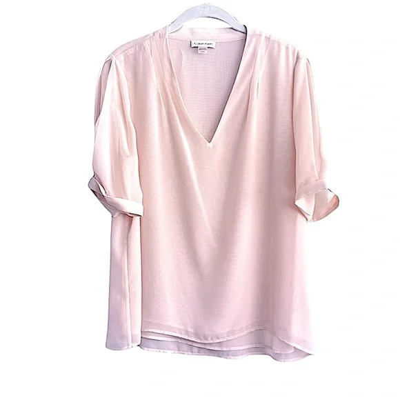Calvin Klein Short Sleeve Chiffon Blouse V-neck Pale Pink Size L - Picture 9 of 9